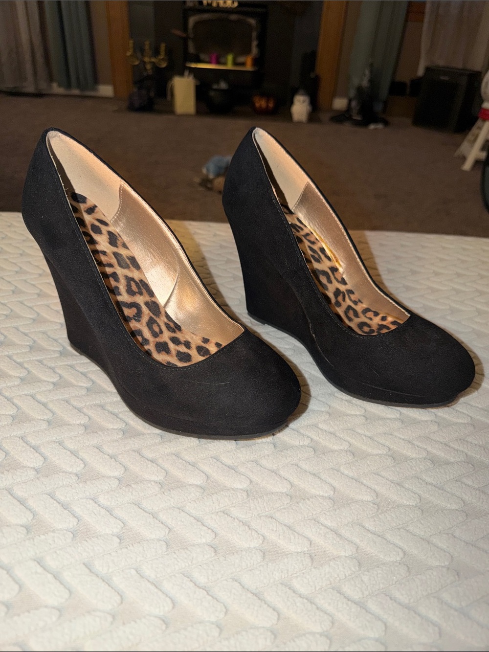 Black Wedge Pumps with Leopard Insole - Women's Dress Heels